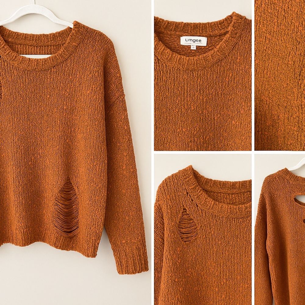 Umgee Distressed Chunky Knit Sweater | Rust Brown Textured | Size M